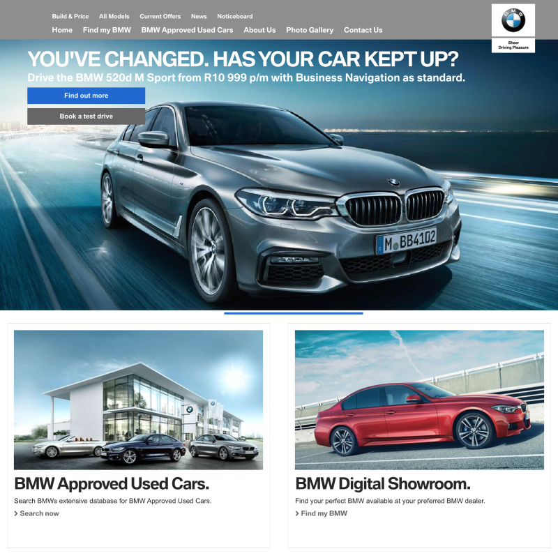 BMW digital showroom homepage with hero car and used car sections.