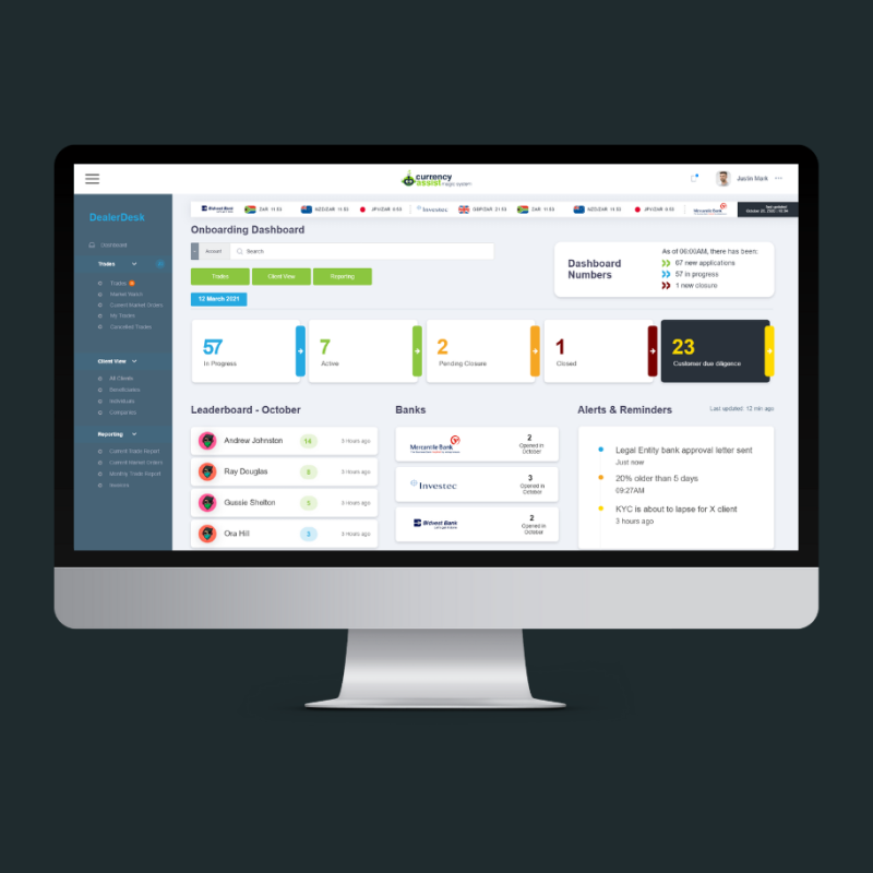 CurrencyAssist onboarding dashboard displayed on a desktop monitor.