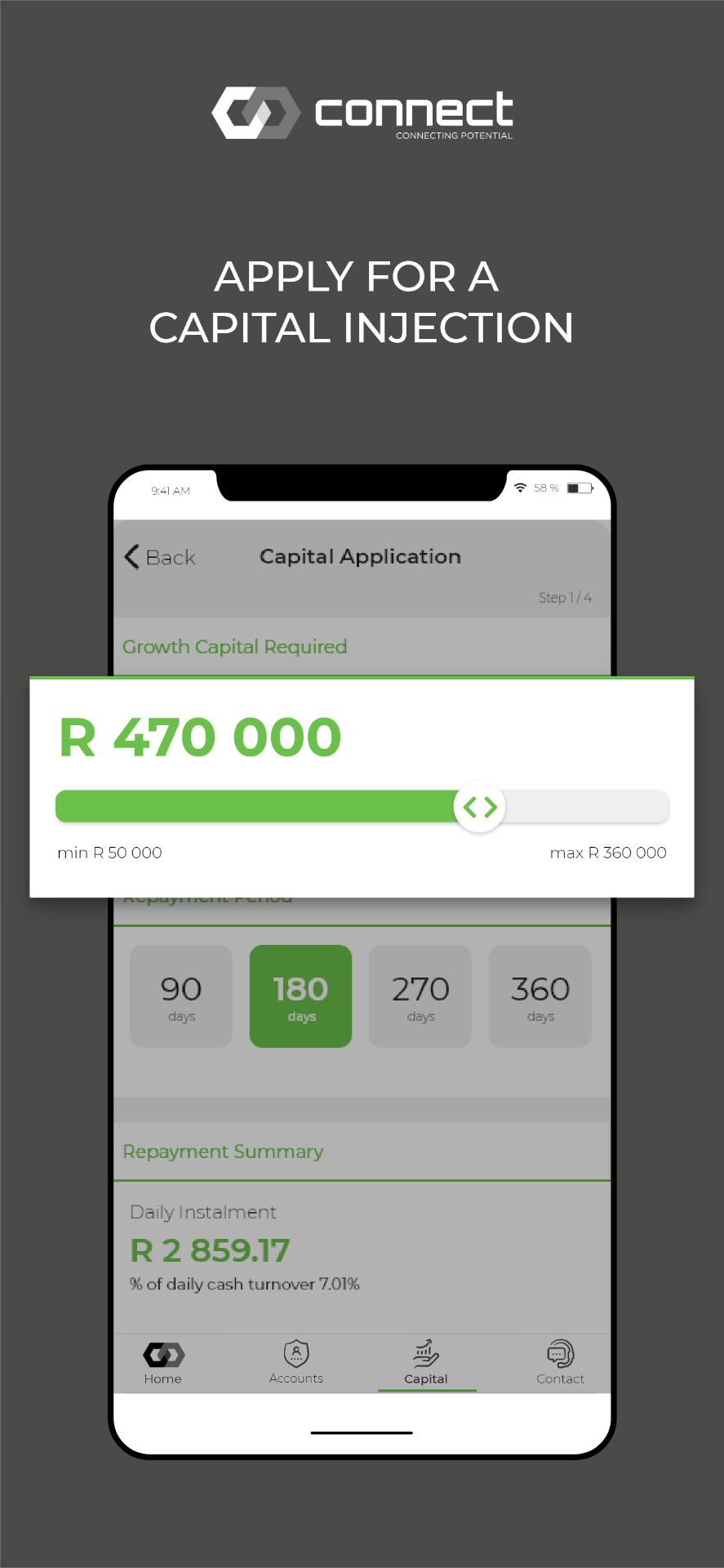 Cash Connect mobile capital application screen showing a growth capital slider and repayment period options.