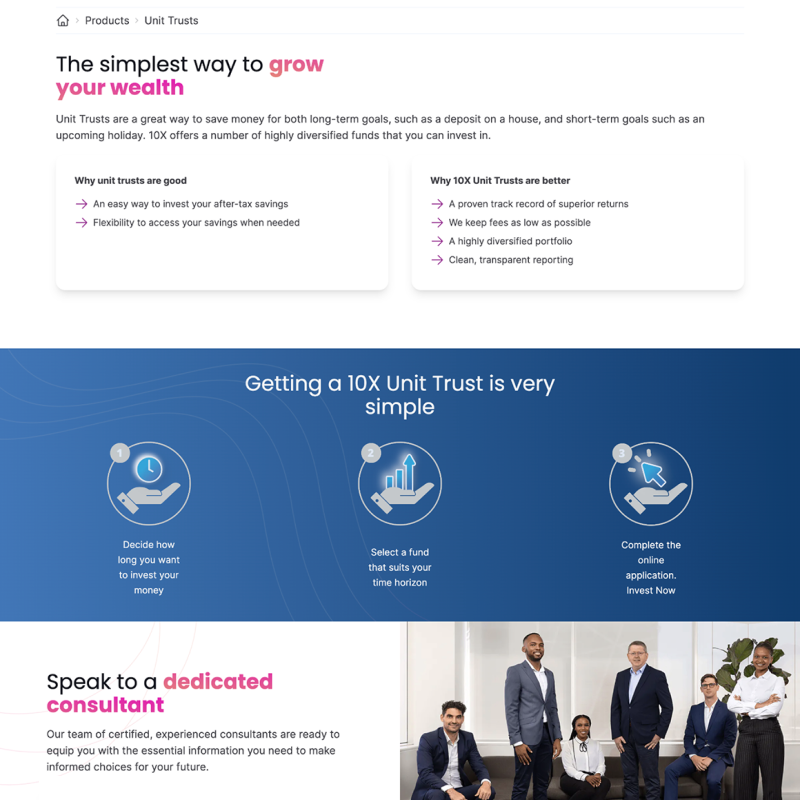 10X Unit Trusts product page with a three-step investment flow.