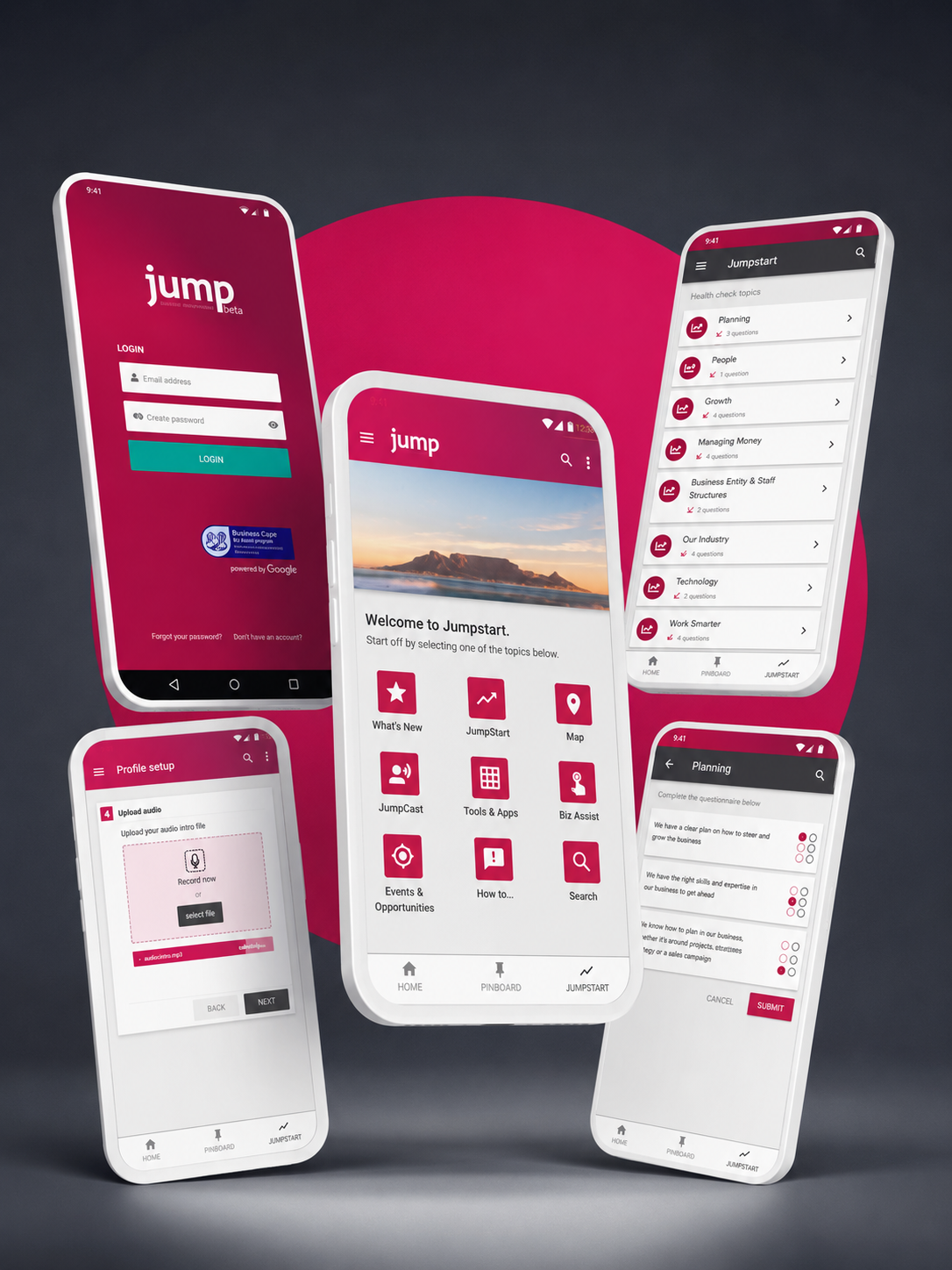 Five-screen mobile product concept board with magenta branding and support workflow screens.