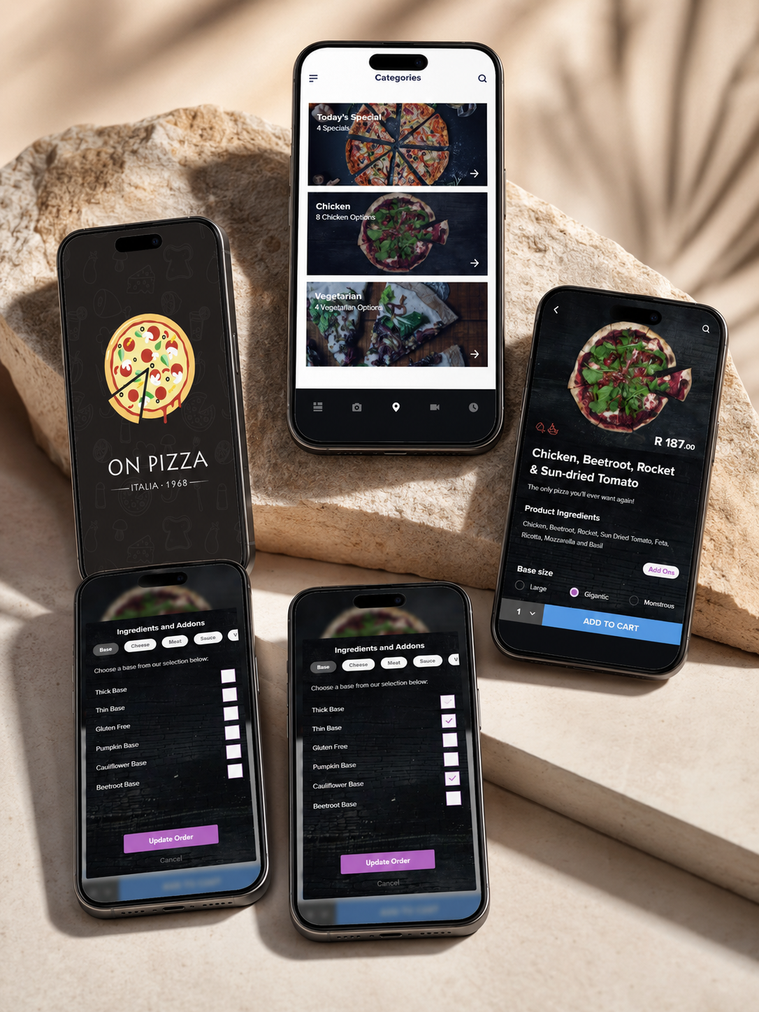 Editorial mockup of multiple pizza ordering app screens displayed on mobile devices around stone props.