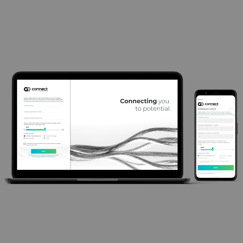 Cash Connect responsive signup flow shown on a laptop and phone, with the Connect brand background.