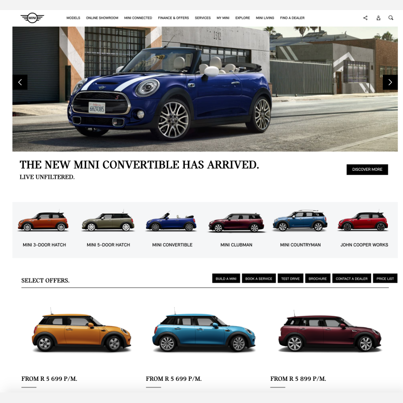 MINI dealership landing page featuring the new MINI Convertible and model range.