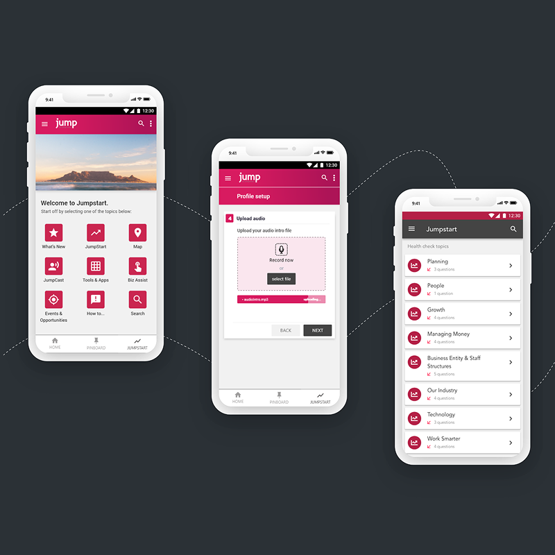 JUMP mobile app screens showing home, profile setup and health check topics.