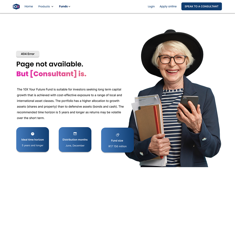 10X 404 error page concept with a warm consultant illustration.