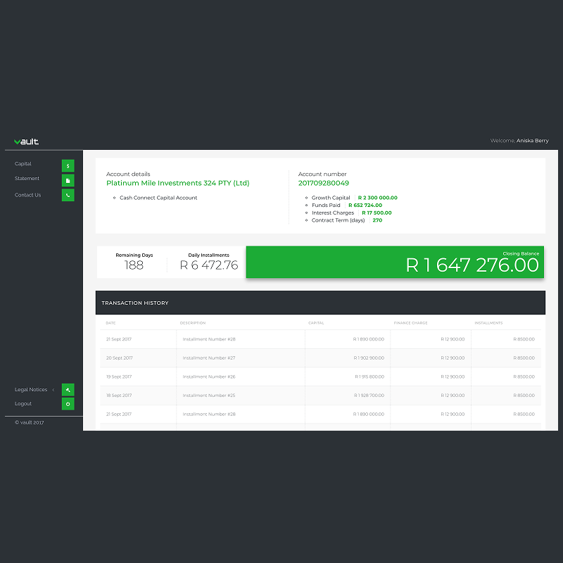 Vault account dashboard showing capital account details, remaining days, daily instalments, closing balance and a transaction history table.