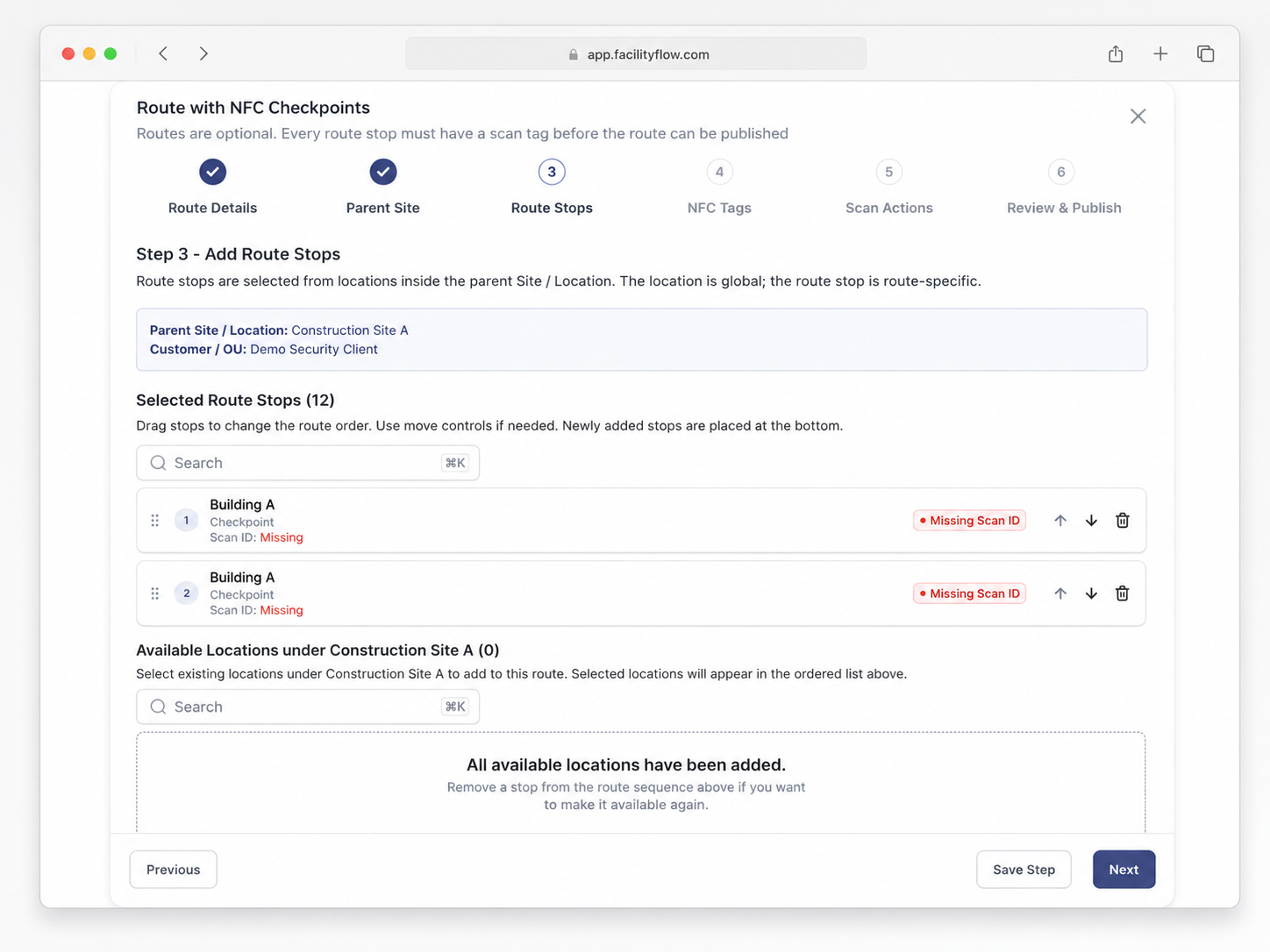 Route Stops step with selected stops, drag handles, and Missing Scan ID flags before publish.
