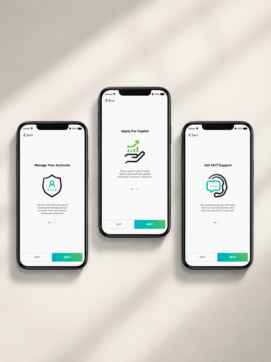 Three mobile onboarding screens displayed as a clean product mockup.