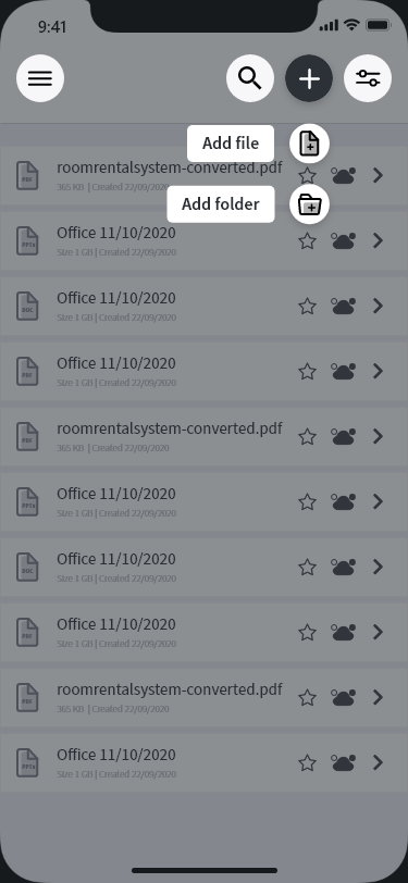 ZCloud add menu — quick actions to add a file or folder.