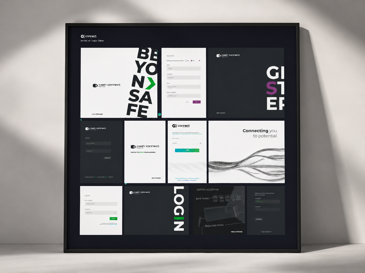 Moodboard of login and registration design explorations for a fintech product.