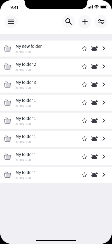 ZCloud mobile folder list showing personal folders with favourite and cloud-status indicators.