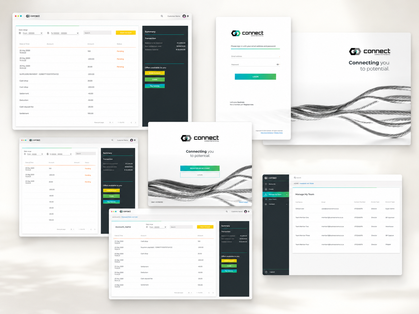 Collage of fintech dashboard, login, and account management interface work.