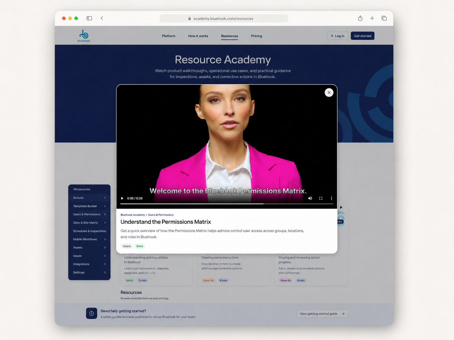 Resource Academy with a focused video modal playing a Permissions Matrix walkthrough.