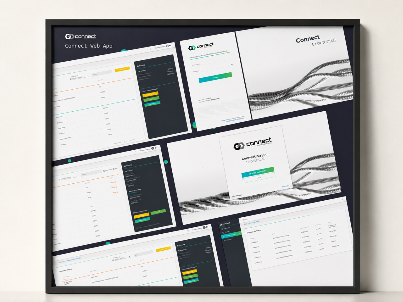 Web app presentation board showing account history, login, and team management interfaces.