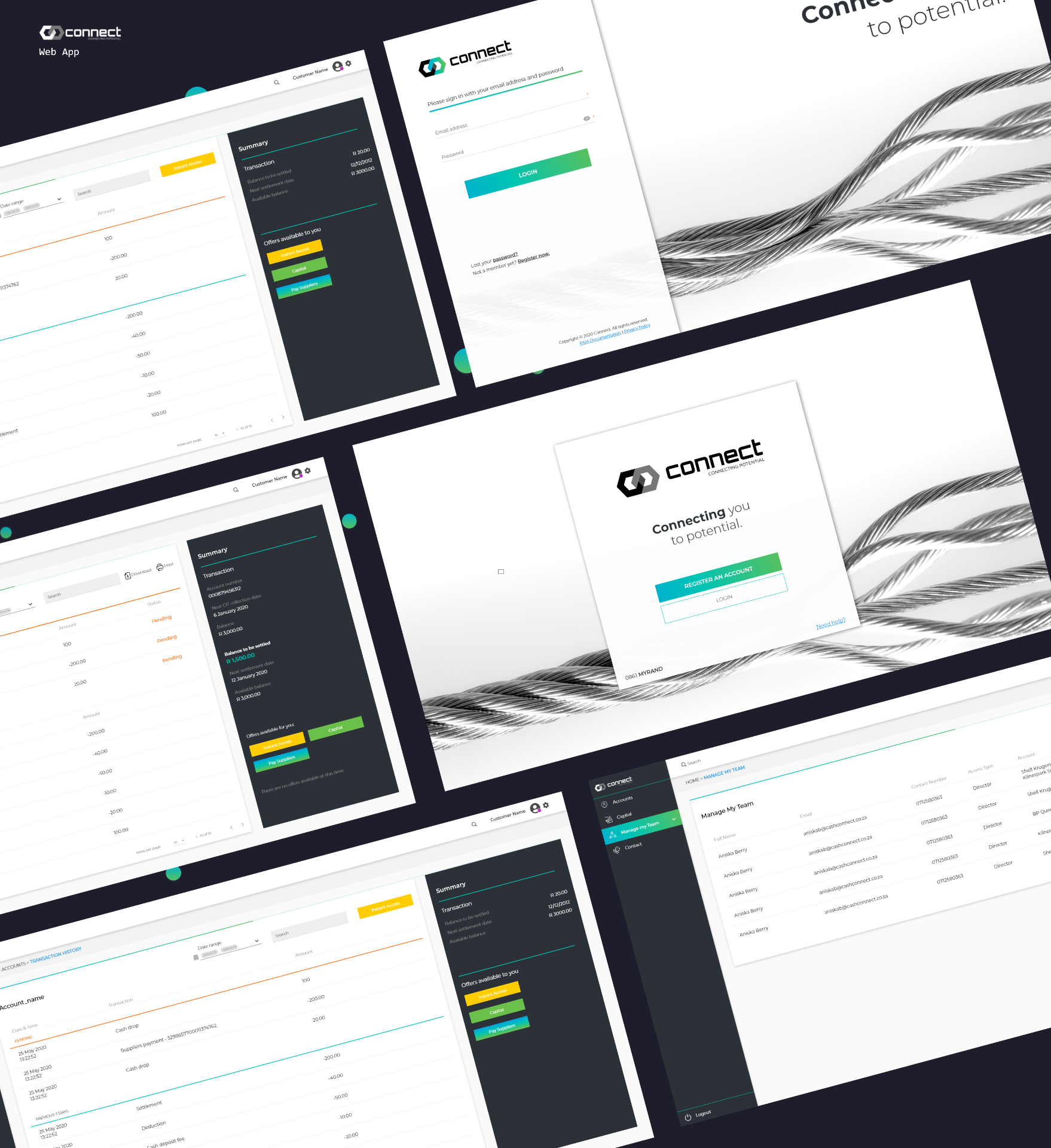 A broader view of the Cash Connect product ecosystem — login, registration, dashboards, transaction history and team management — arranged over the Connect brand background.