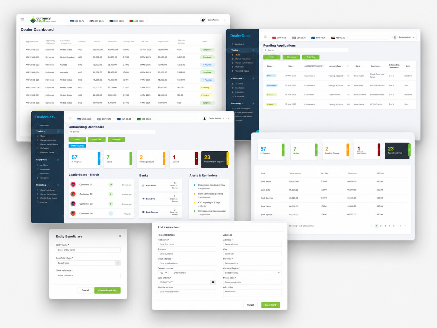 Large collage of dealer dashboard and onboarding interface screens with multiple white product panels.
