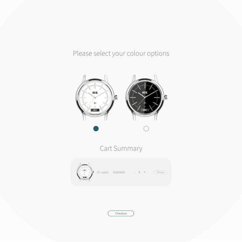 Colour options selection with a white and a black IDZ watch, followed by a cart summary and checkout.