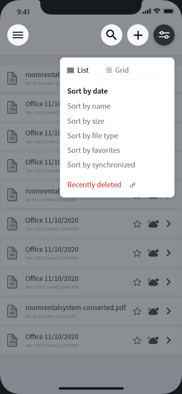 ZCloud filter and sort menu — list/grid toggle and sort options.