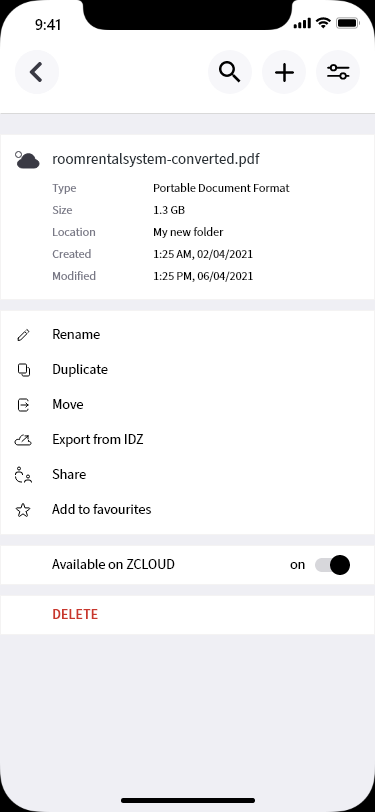 ZCloud file details view — document metadata with actions like rename, duplicate, move, export, share and an Available on ZCLOUD toggle.