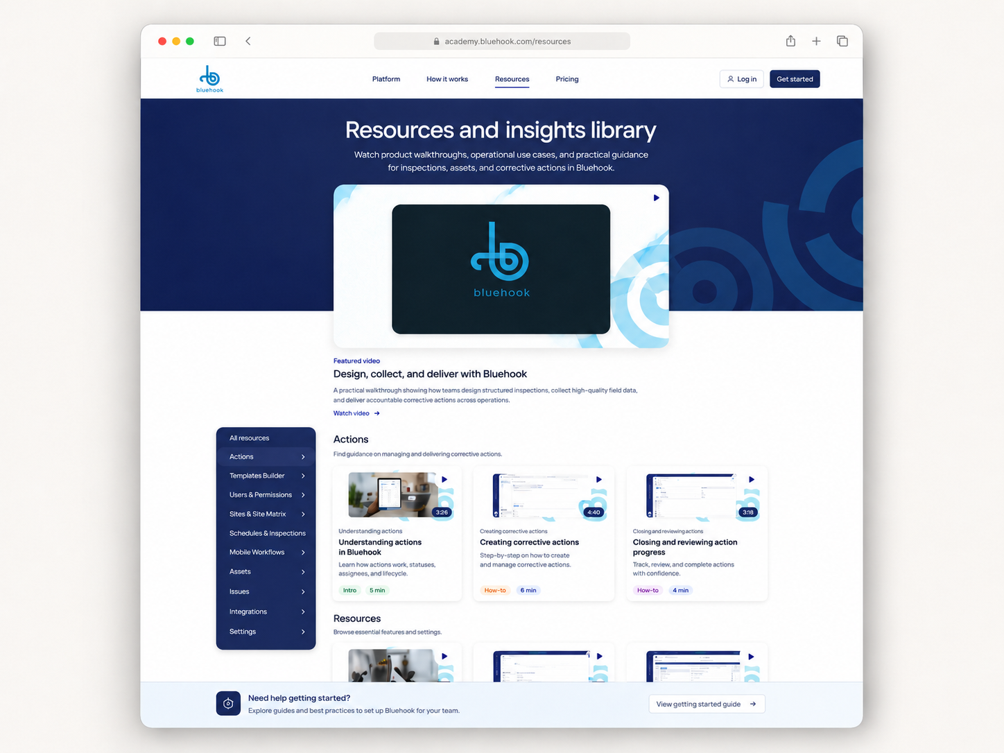 Resources and insights library page with category sidebar and resource cards.