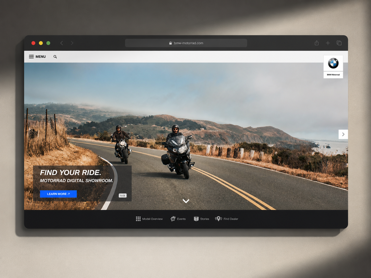 Wide mockup of a BMW Motorrad digital showroom website displayed in a browser frame.