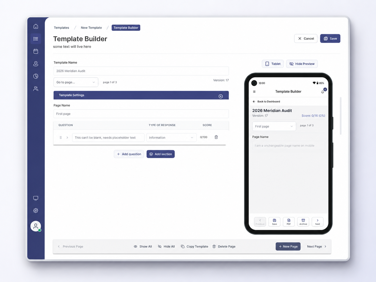 Template Builder interface with builder panel and mobile preview