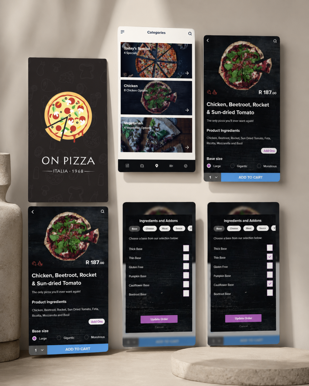 Mobile food ordering concept screens arranged on a styled presentation board.