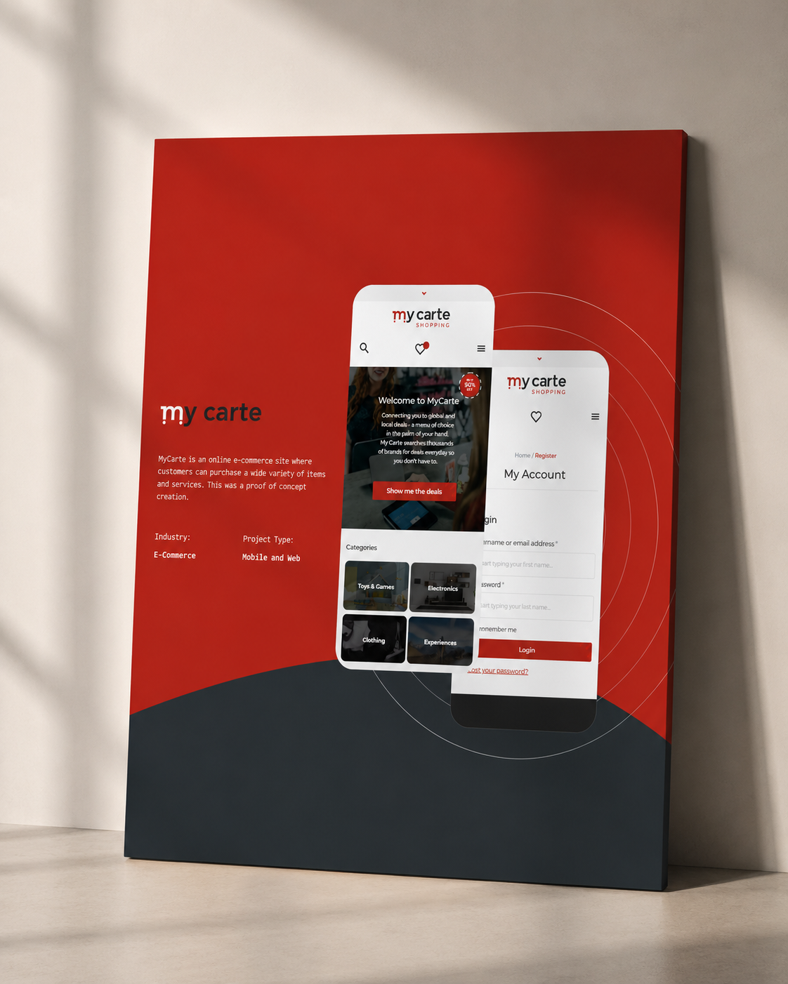 Presentation board for an ecommerce concept with bold red brand styling and mobile screens.