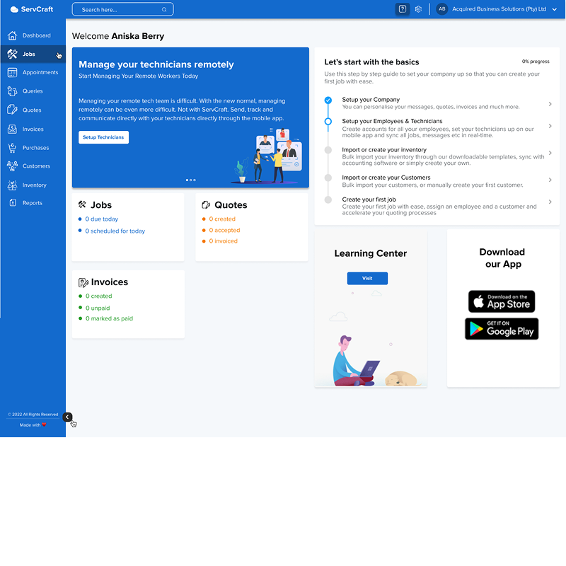 ServCraft SaaS operations dashboard with jobs, quotes and invoices overview.