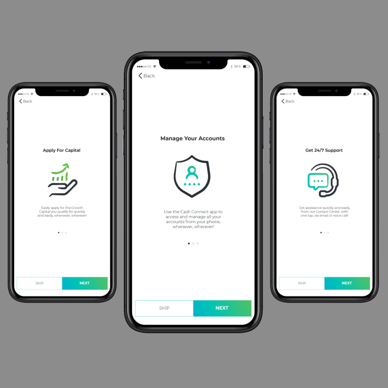 Cash Connect onboarding flow across three mobile phone screens