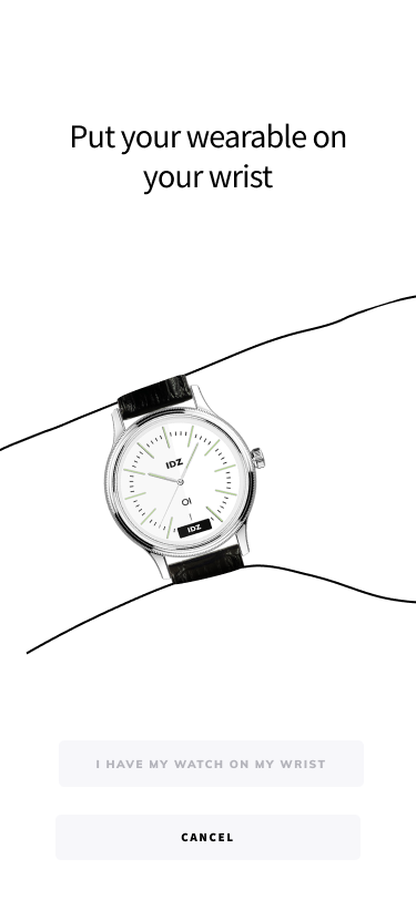 Onboarding step — put your wearable on your wrist, illustrated with the IDZ watch resting on a sketched wrist.