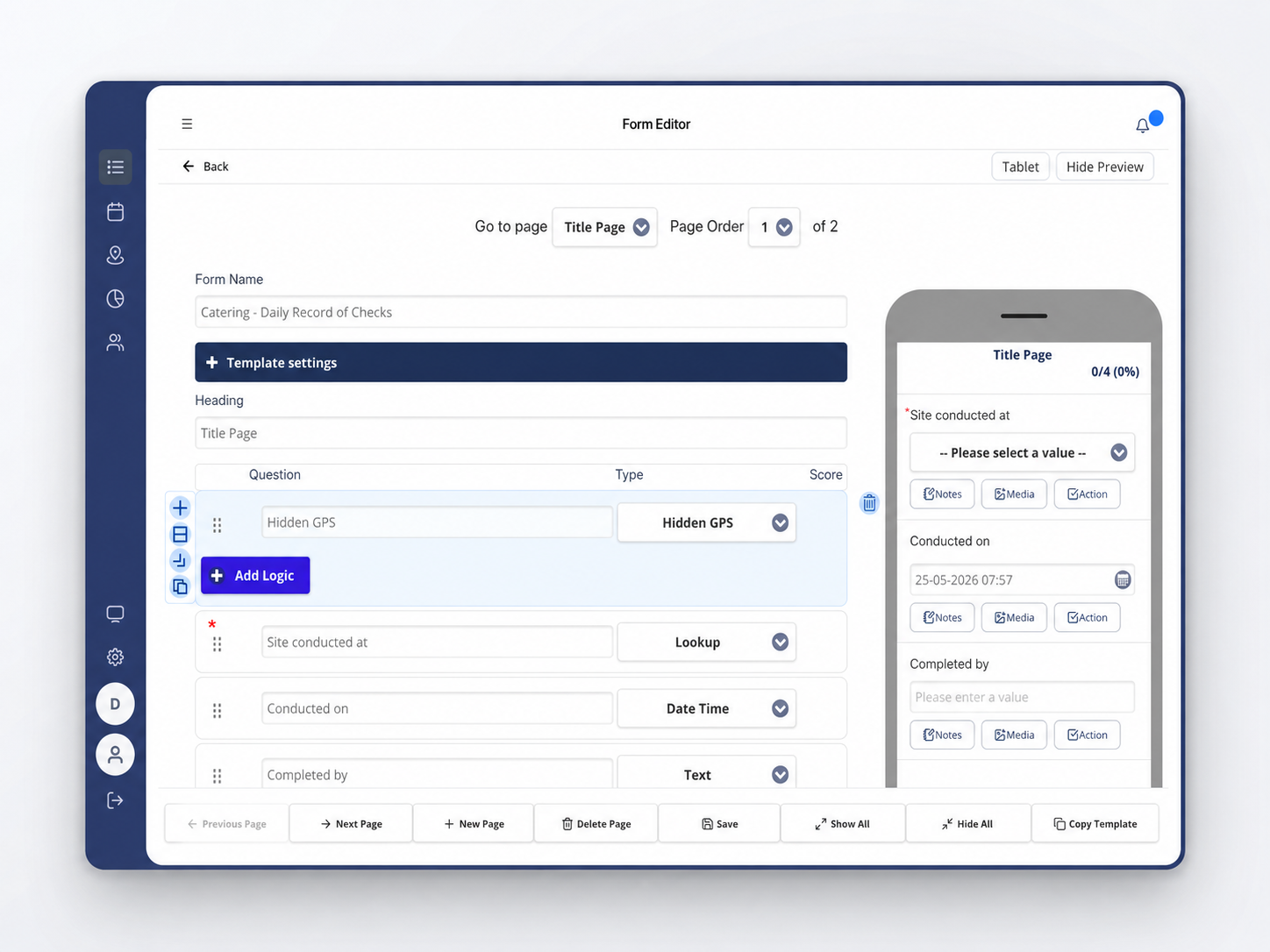 Earlier Form Editor with form name, template settings, and a column of question rows beside a mobile preview.